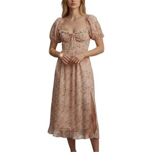 ASTR The Label Lunaria Pleated Midi Dress Orange Green Floral Chiffon Size M